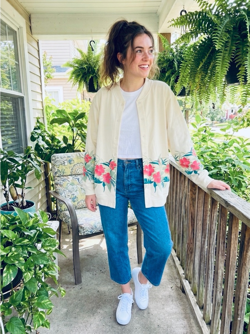 Blair Tropical Hibiscus Floral Border Print Snap Front Sweatshirt Cardigan L